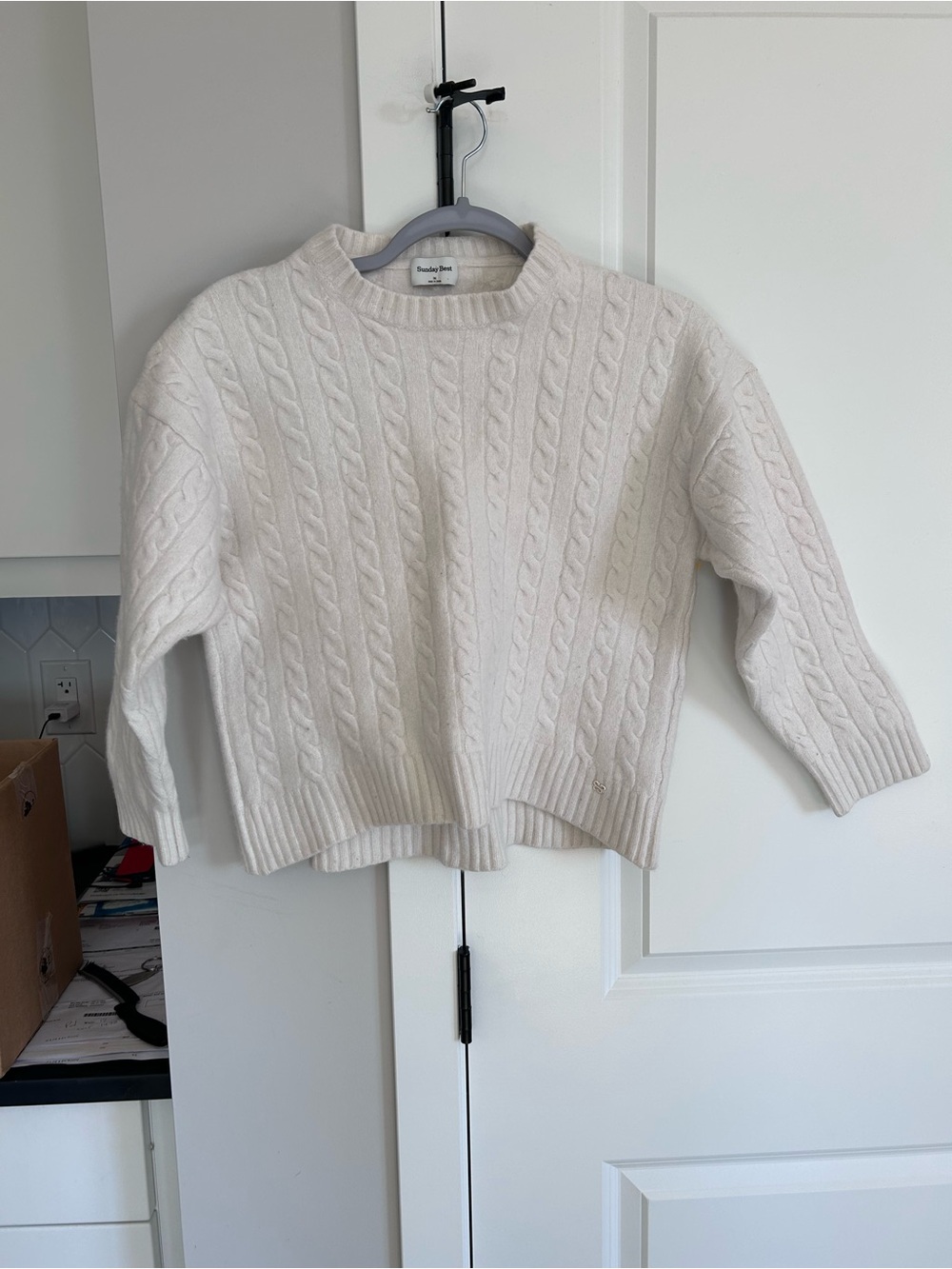 Sunday Best Aritzia Cream Cable-Knit Crewneck Merino Wool Blend Sweater Preppy